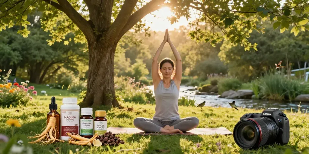 Scène de bien-être avec des compléments naturels de naturaforce.com au lever du soleil.