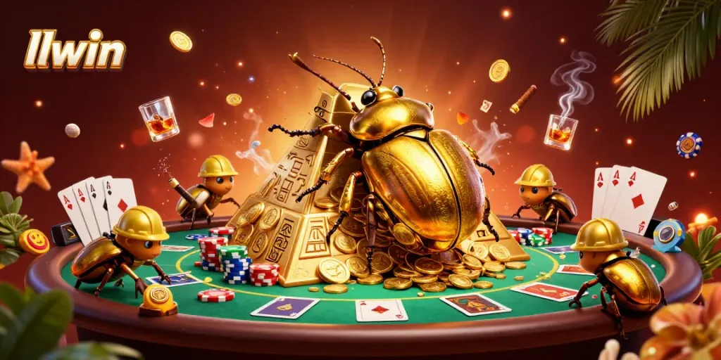 llwin showcases an engaging casino adventure with golden beetles, poker elements, and vibrant atmosphere.