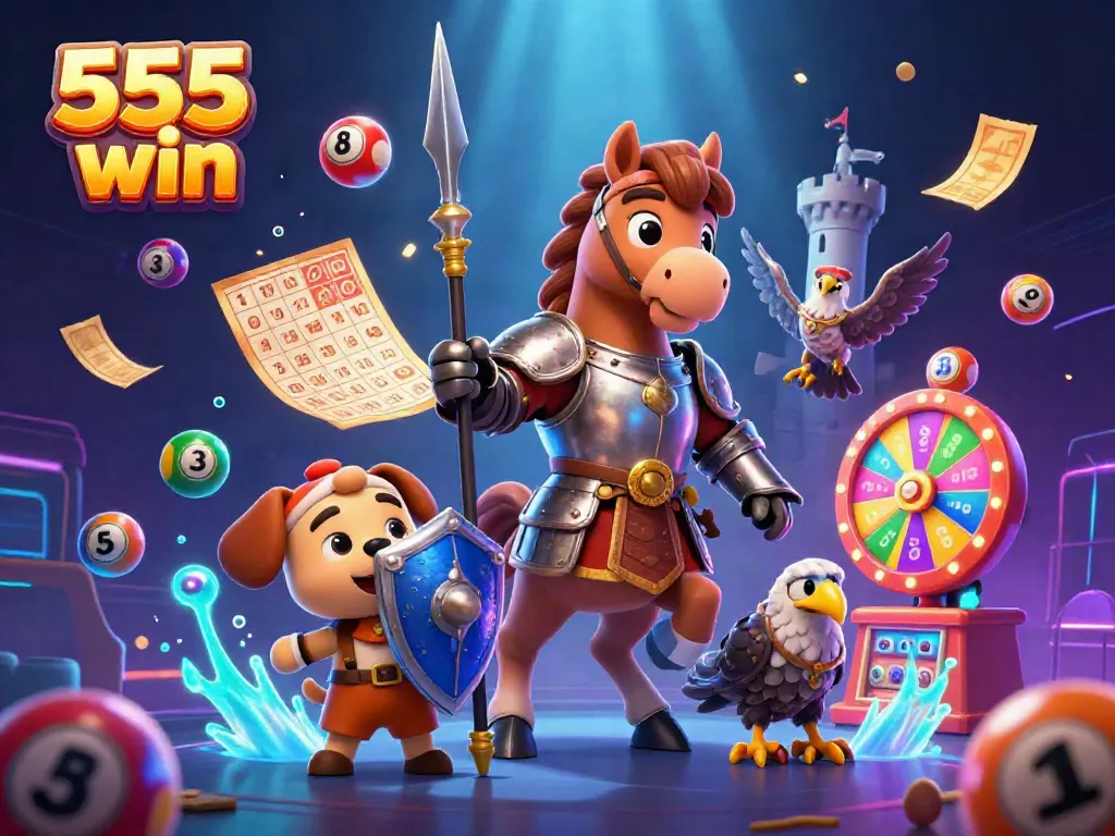 Experience the excitement of 555 win through a vibrant 3D illustration with dynamic casino elements.