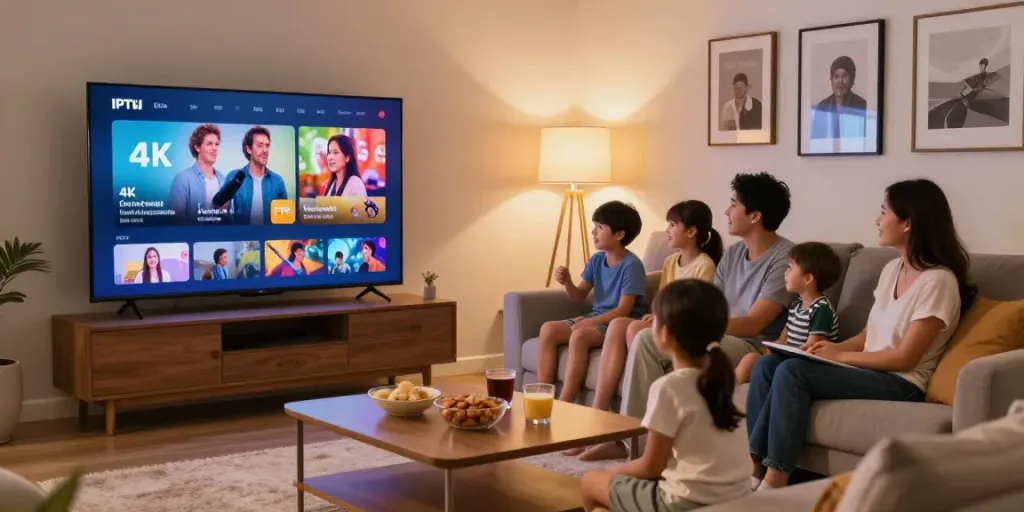 Famille profitant d'un abonnement IPTV 4K dans un salon moderne et lumineux.
