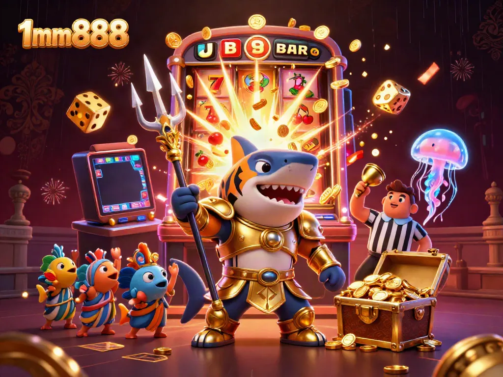 Experience excitement at 1mm888 with a dazzling underwater casino scene featuring a fierce tiger shark and dynamic gaming elements.