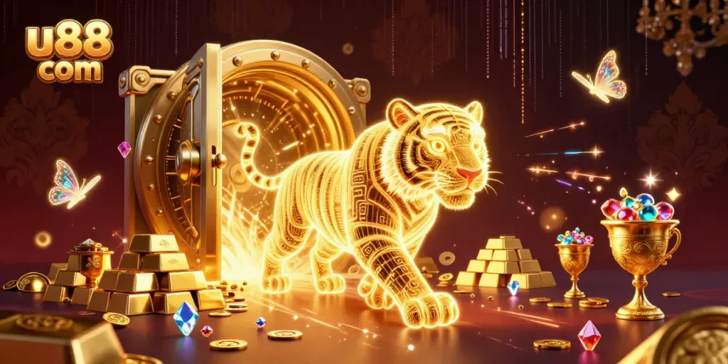 Experience the thrilling ambiance of u88 com’s digital casino with a golden tiger and treasures.