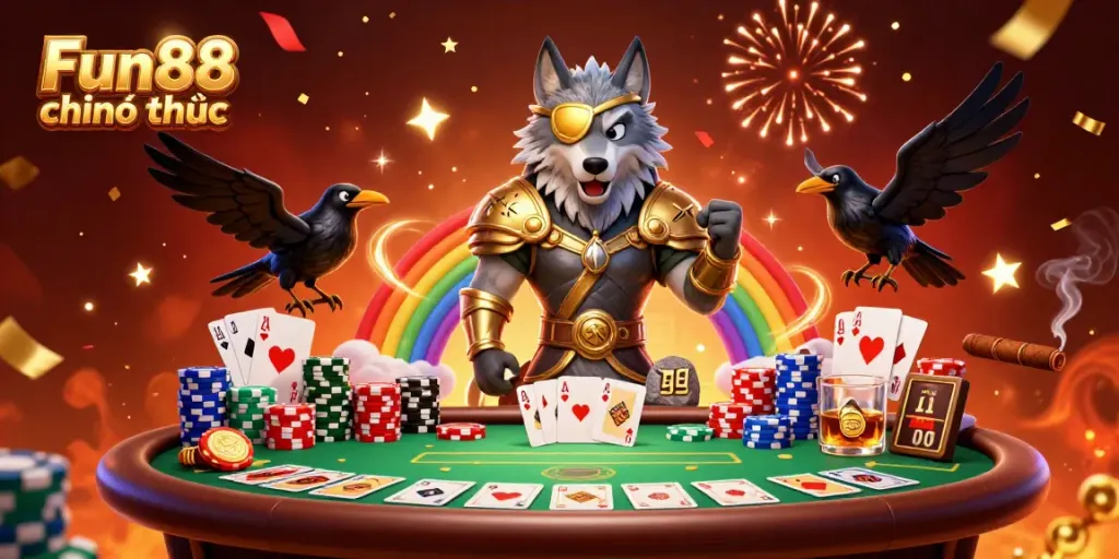 Engage with Fun88 chính thức's thrilling gaming experience featuring Odin, poker elements, and vibrant casino atmosphere.