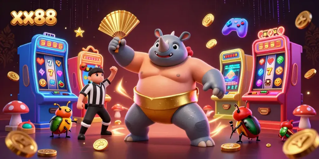 Catch thrilling action from xx88 with a sumo champion beetle surrounded by vibrant slot games and a cheering crowd.