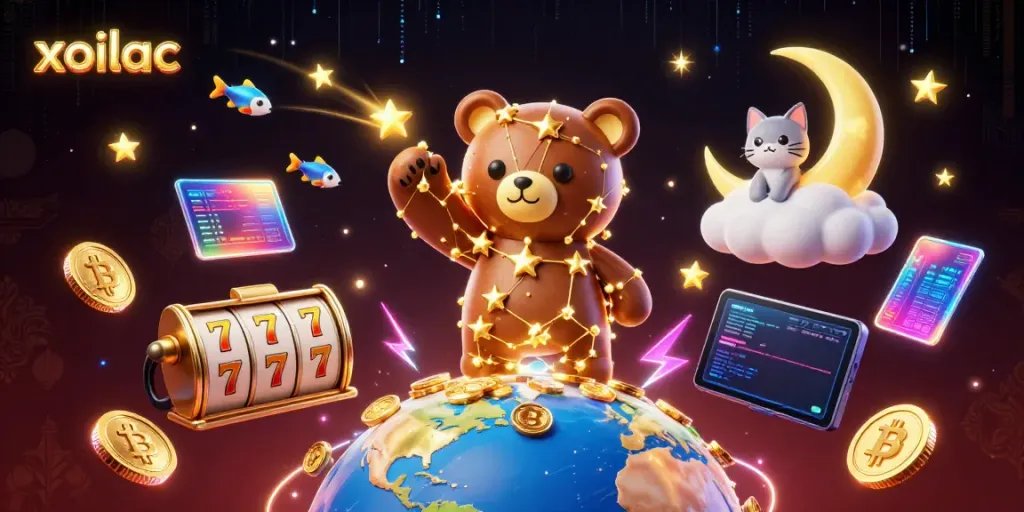 Engage with xoilac in an enticing casino scene featuring a constellation bear, slot reels, and vibrant crypto elements.