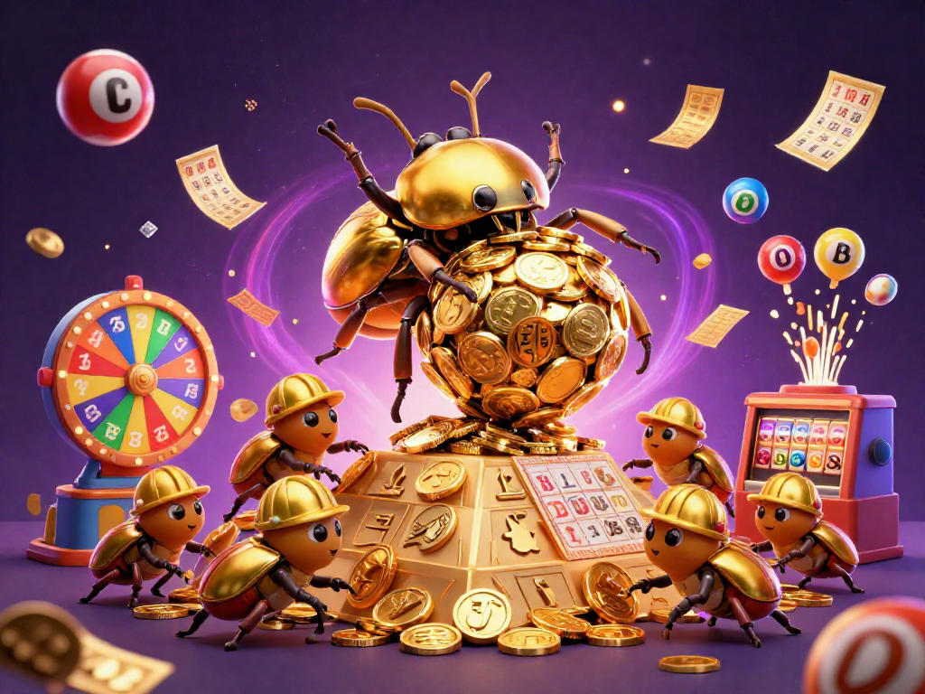 Experience FLY88's dynamic casino environment with golden beetles and bouncing lottery balls.
