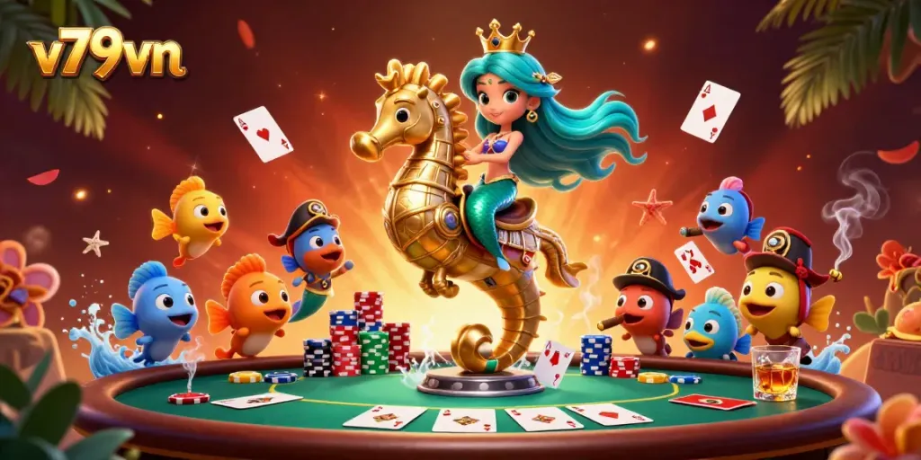 Engage in vibrant gaming with v79vn, featuring a colorful scene of a cartoon mermaid, seahorse, and poker elements.