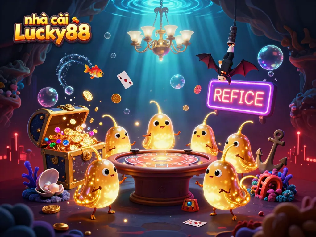 Engaging storytelling scene featuring nhà cái Lucky88 with glowing characters illuminating casino games in a vibrant underwater cave