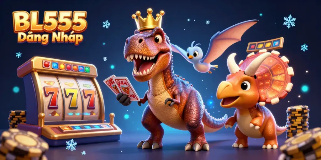 Experience the excitement of BL555 Đăng Nhập with a 3D cartoon T-Rex and friends in a vibrant casino setting.