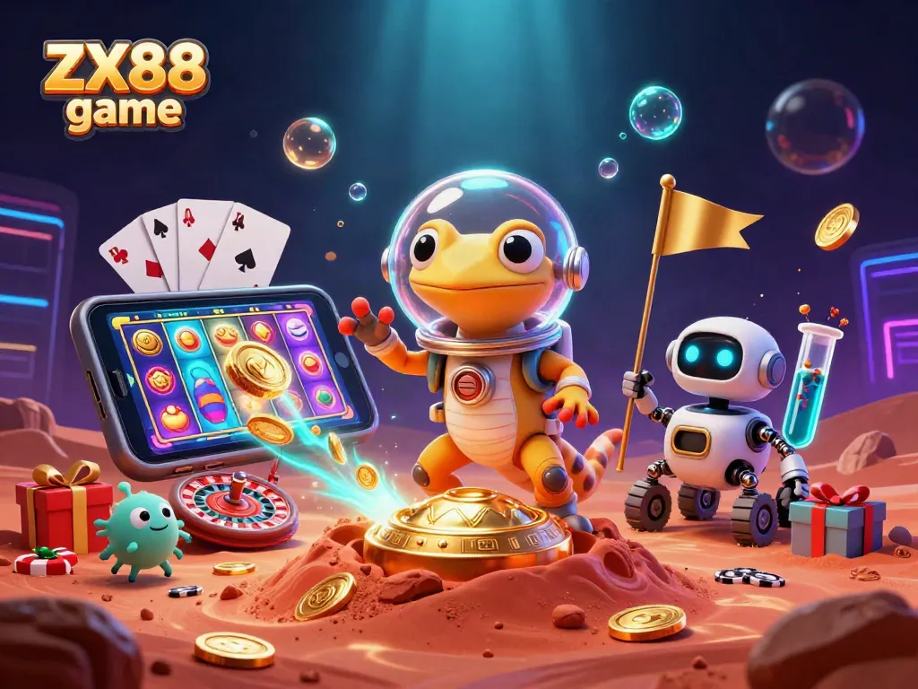 Experience the exhilarating ZX88 game with a Martian gecko exploring a golden casino on Mars, animated with vibrant gambling elements.