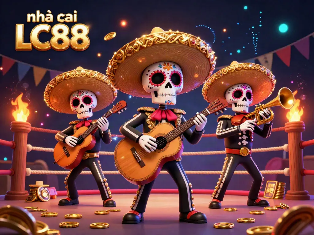 Experience the excitement of nhà cái LC88 with a vibrant skeleton mariachi band illustration.