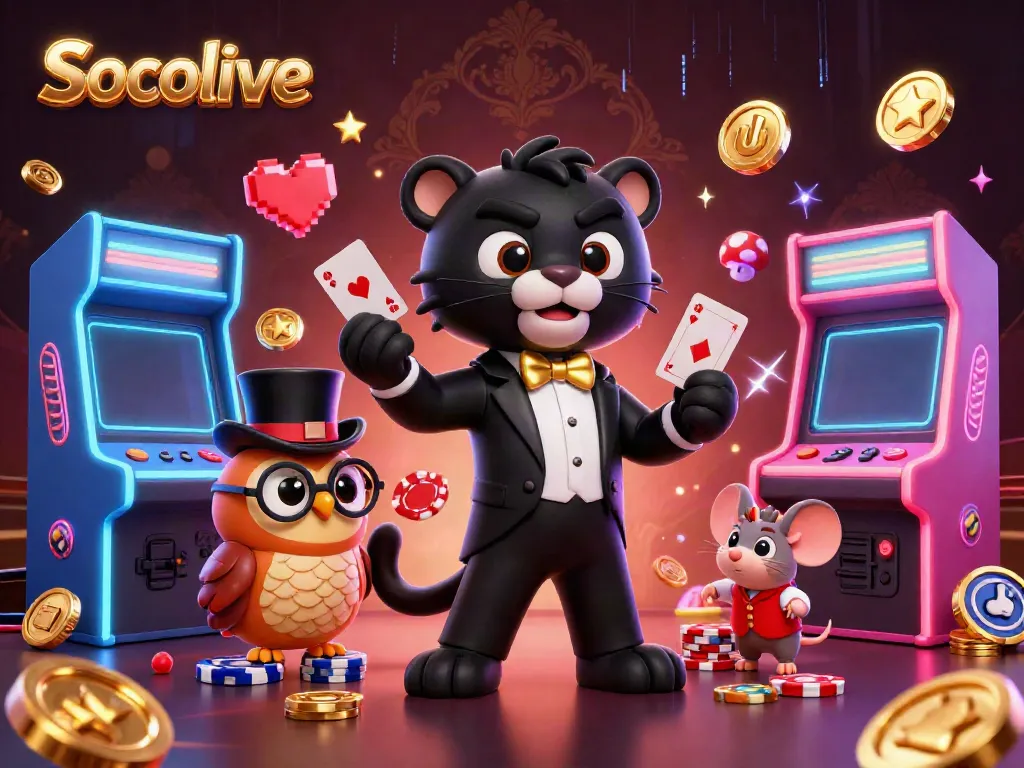 Socolive enhances the excitement of casino gaming with vibrant 3D characters interacting with a colorful gaming environment.