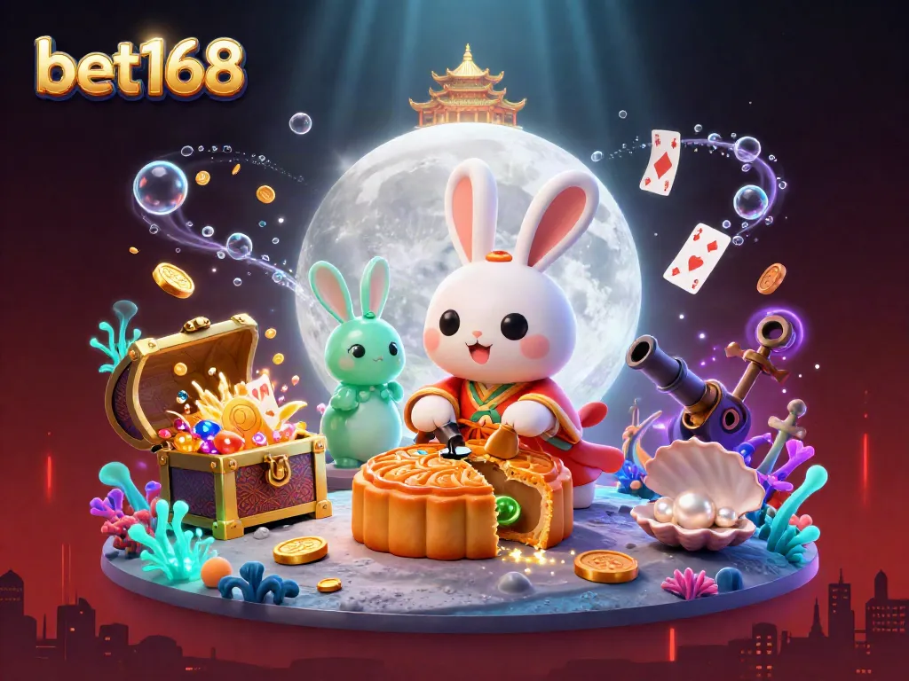 Experience the excitement at bet168 with vibrant casino action featuring a playful moon rabbit revealing poker chips.