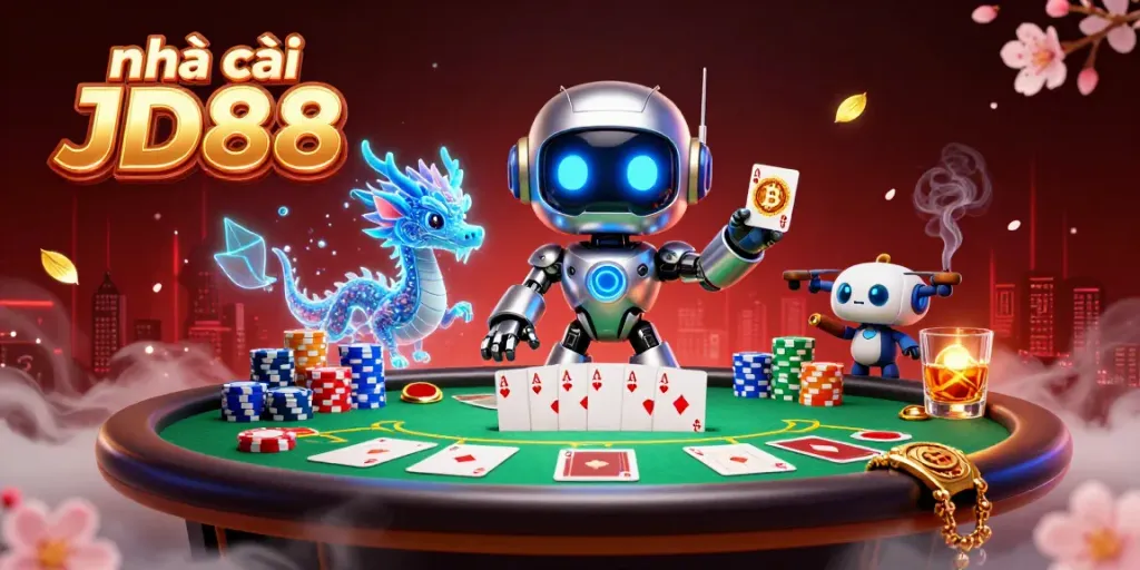 Experience the thrill of gambling at nhà cái JD88 with engaging characters and vibrant poker elements.