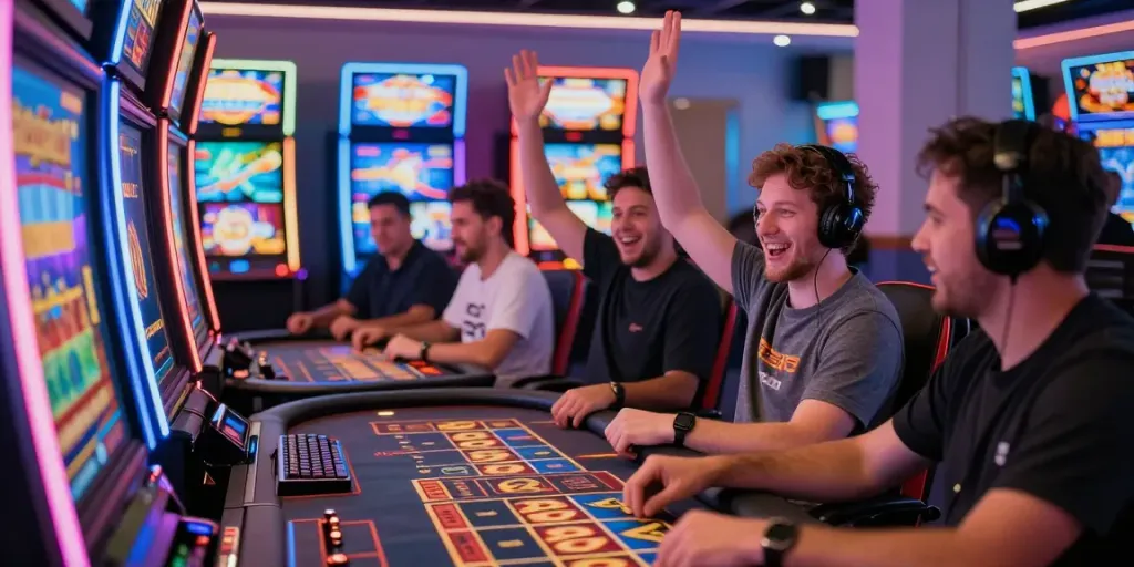 Scène dynamique du Casino Dragonia où des joueurs s'amusent sur des machines à sous et avec des croupiers en direct, représentant l'ambiance de https://studiobarw.com/.