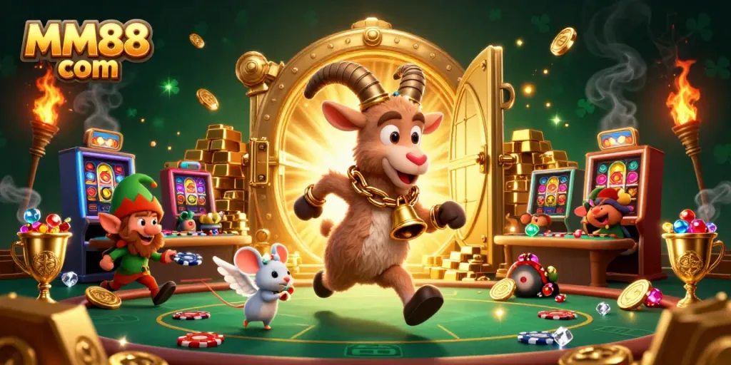 Experience thrilling games at MM88 com with a festive casino scene featuring slots, poker, and characters.