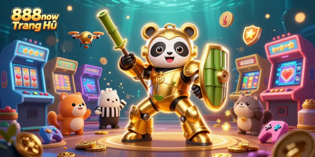Engage with thrilling gaming adventures at 888now Trang Chủ with dynamic arcade machines and vibrant illustrations.