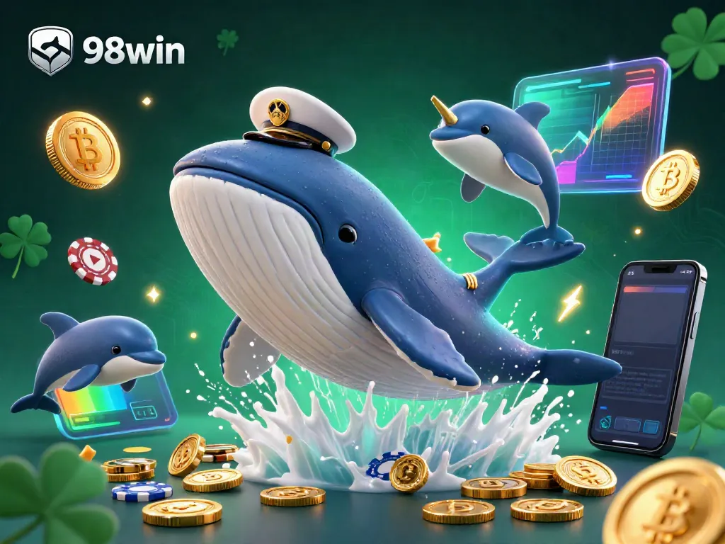 Experience the excitement of 98win with dazzling 3D characters surrounded by vibrant casino elements.