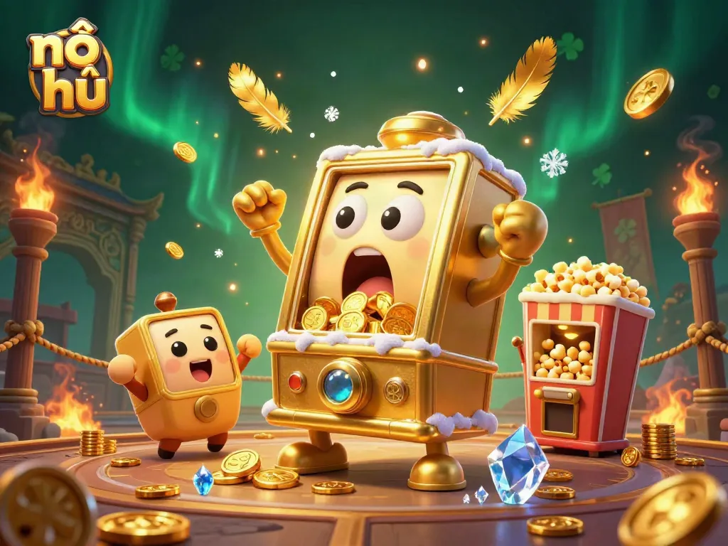 Experience the thrill of nổ hũ with a vibrant slot machine scene packed with gold coins and excitement.