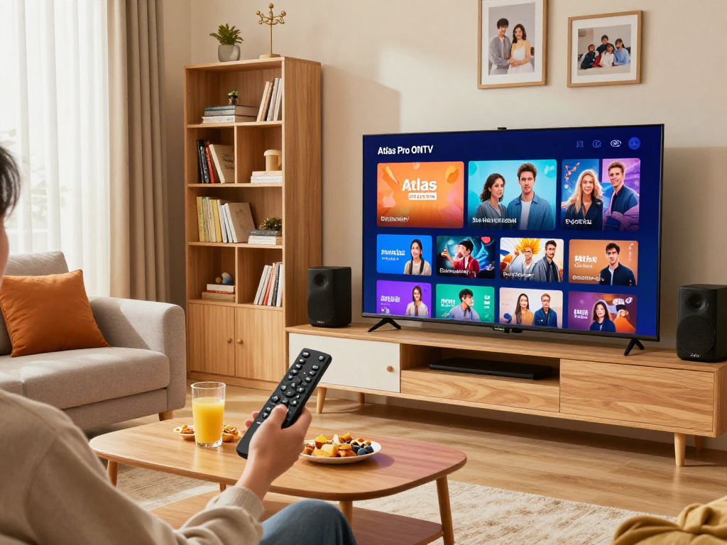 Expérience de divertissement chez soi avec l'application atlas pro sur TV, ambiance chaleureuse et conviviale.
