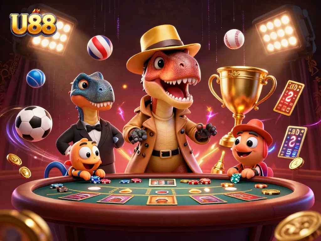 U88 gamblers enjoy an exciting blackjack scene with cartoon characters and vibrant casino elements