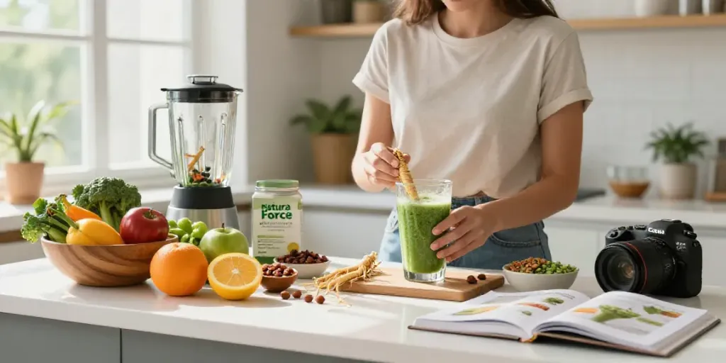 Natura Force smoothie preparation with fresh organic ingredients in a modern kitchen.