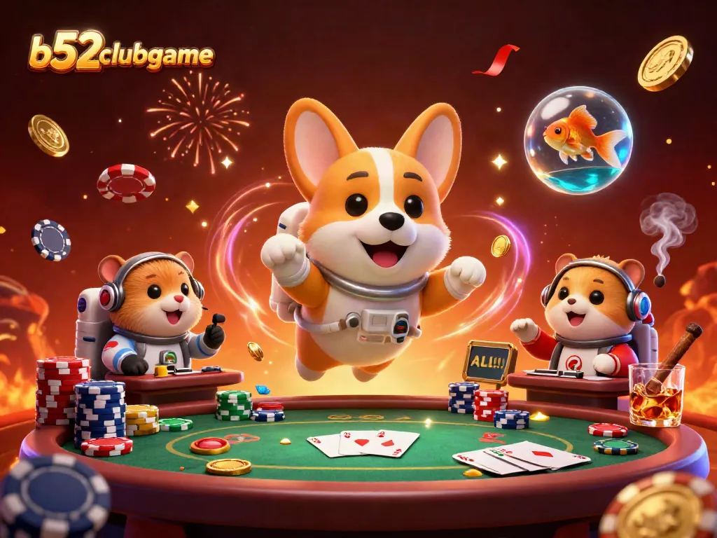 b52clubgame showcases an exciting astral casino scene with a floating corgi and poker elements, enhancing online gaming vibes.