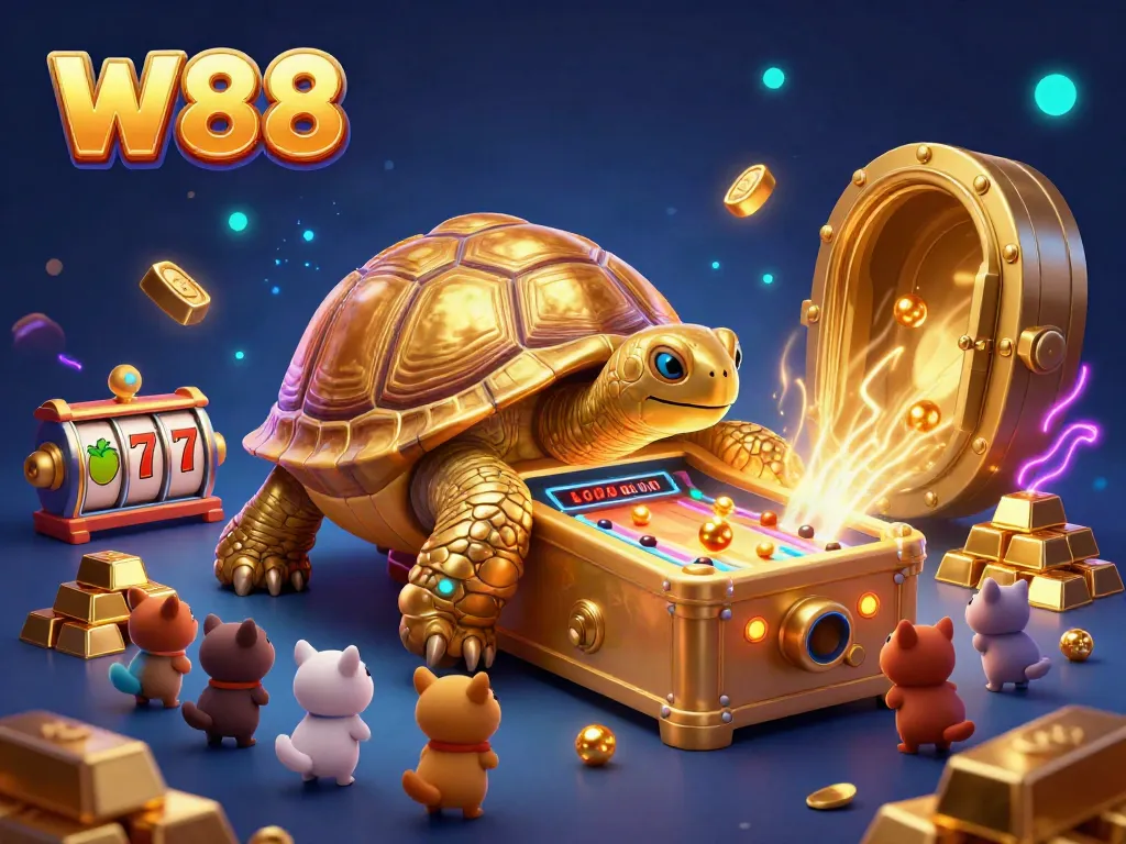 Experience thrilling gameplay at W88 with a 3D cartoon illustration of a colossal golden tortoise and dynamic pinball machine elements.