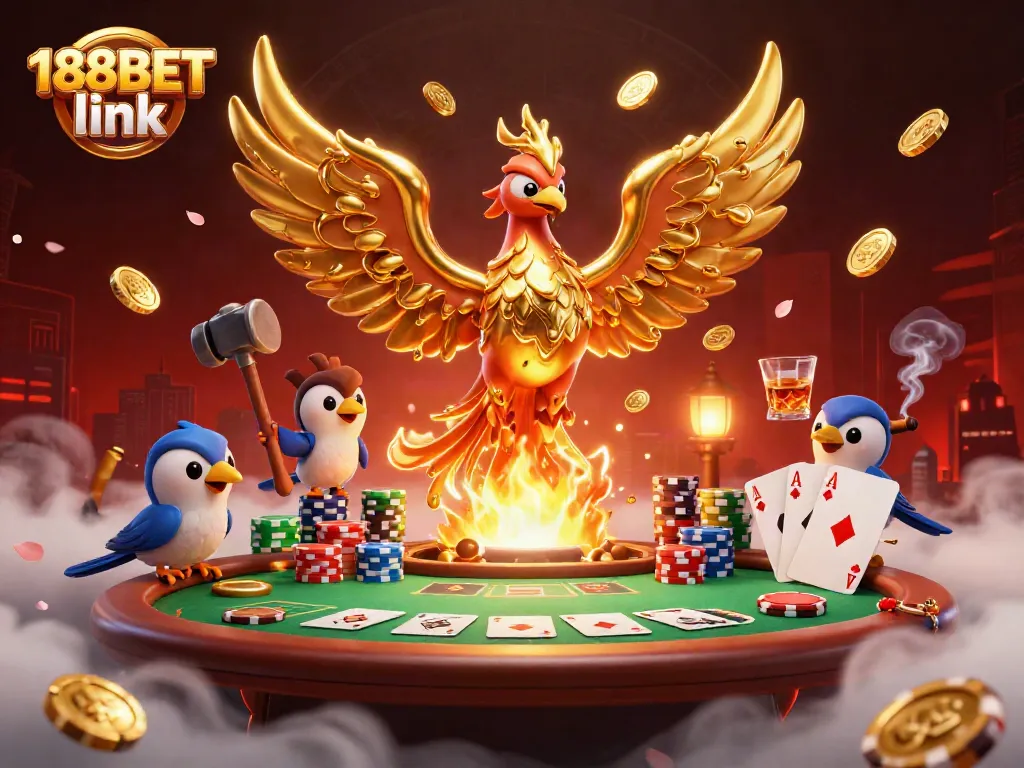 Engage with the dynamic 188BET link scene featuring a golden phoenix and poker elements, a vibrant caricature.
