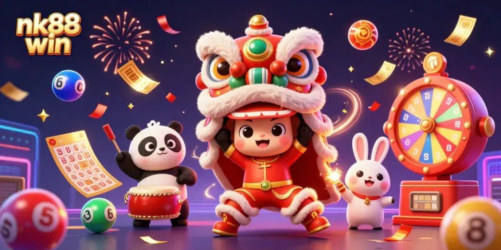 Experience nk88 win in this festive 3D illustration featuring dynamic game elements and engaging casino characters.