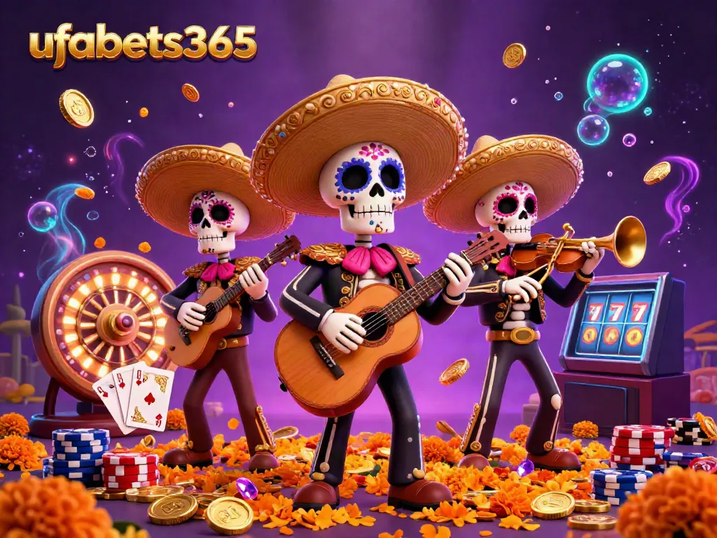 Experience the fun of ufabets365 with vibrant Day of the Dead mariachis and classic casino elements.