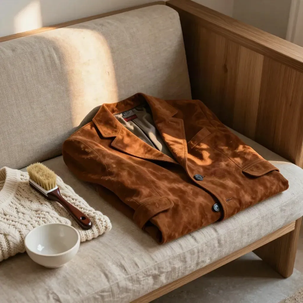 Blouson suédé cognac plié sur banquette en lin, avec brosse, pull torsadé et coupelle.