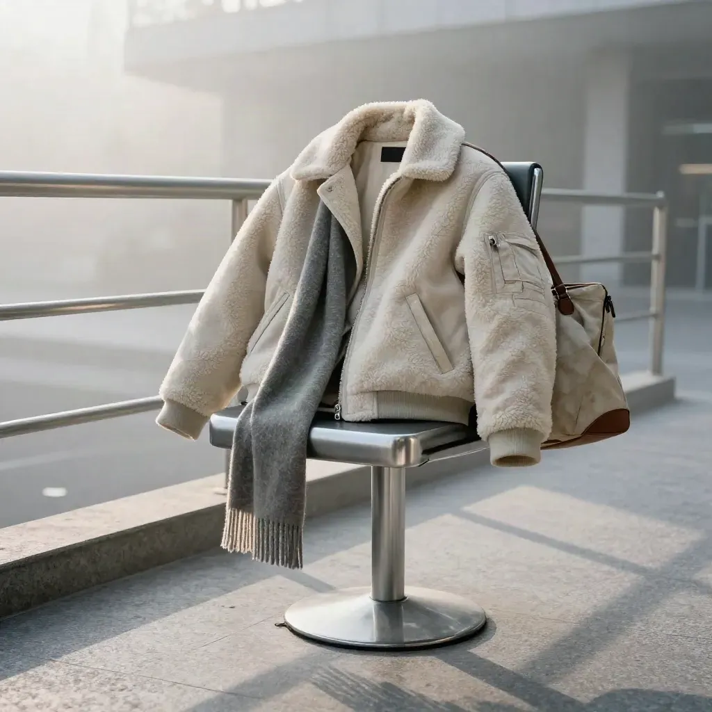 Blouson aviateur crème sur une chaise de gare à l’aube, avec écharpe et sac en toile