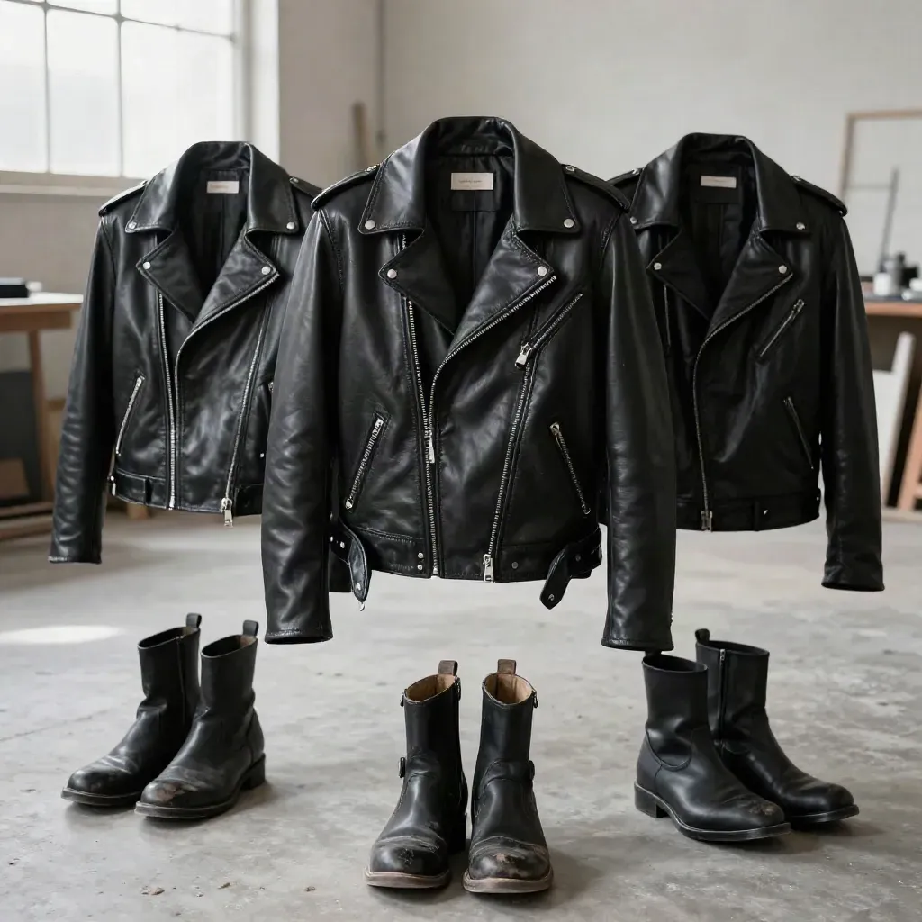Trois blousons biker noirs sur une dalle claire, la veste centrale encore en mouvement.