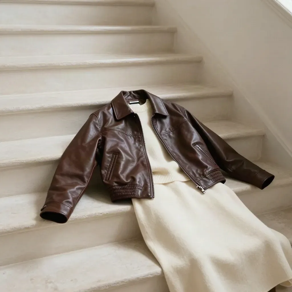 Veste femme en cuir brun sur marche claire, pull crème et jupe longue, lumière du matin.