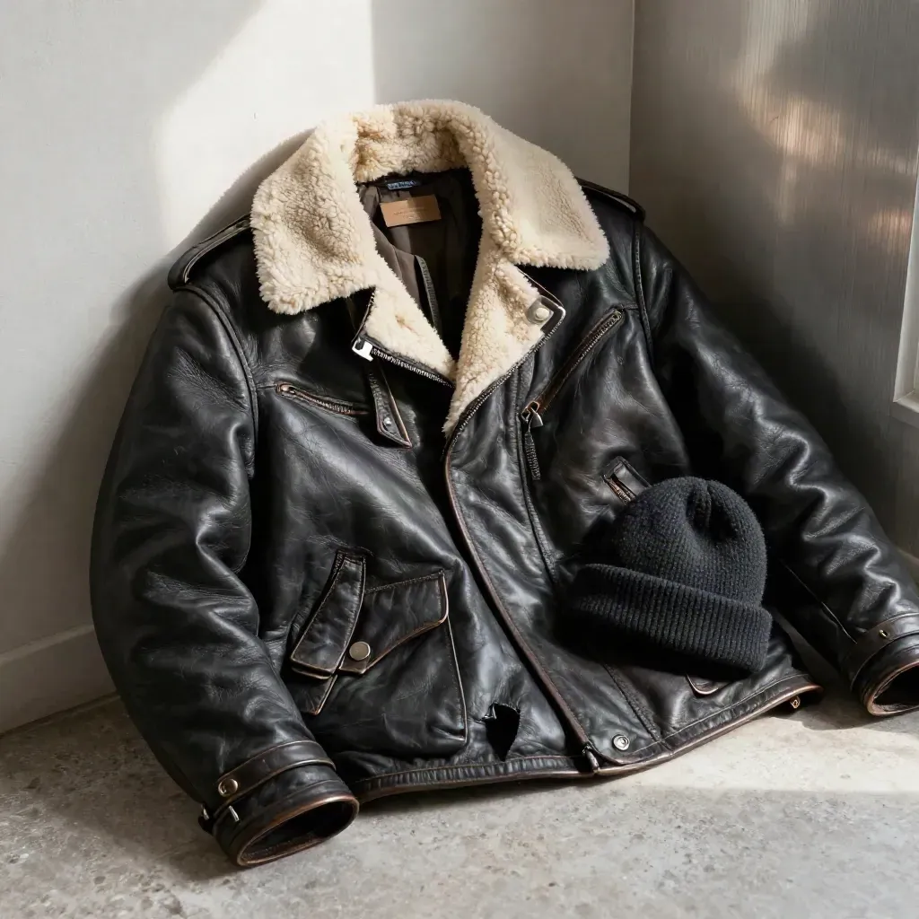 Blouson aviateur en cuir doublé crème, écharpe et bonnet, lumière rasante d’hiver.