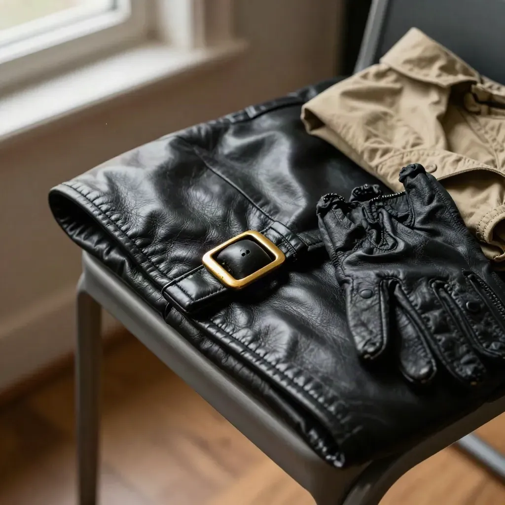 Gros plan d’un blouson en cuir noir sur chaise acier, gants sombres et chemise pliée.
