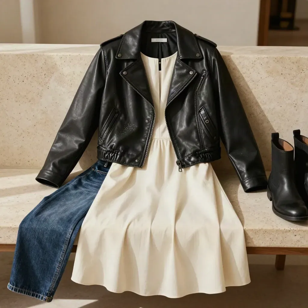 Blouson court en cuir noir, robe midi, denim brut et boots sur banquette en pierre pâle.