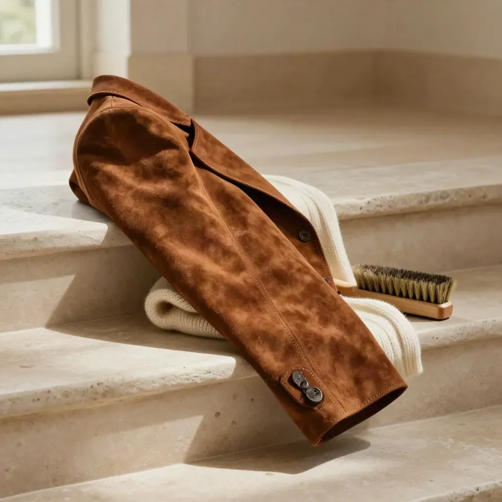 Blouson en suède brun cognac sur marche en plâtre, avec brosse douce et pull clair.