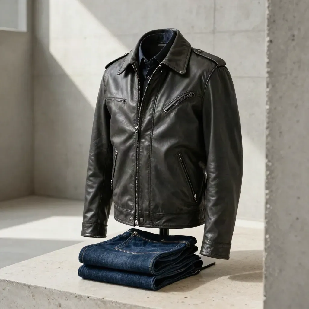 Blouson biker homme sur buste de tailleur, denim plié, cabine béton, lumière feutrée.