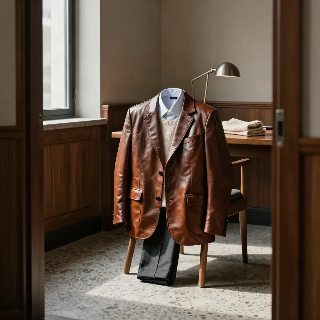 Blouson cuir sur chaise, chemise et pantalon plié dans un salon de bureau en pierre et bois.