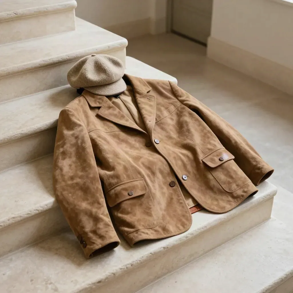 Blouson en suède brun clair sur banquette en pierre, casquette en laine et ceinture cuir, vue plongeante d’escalier.