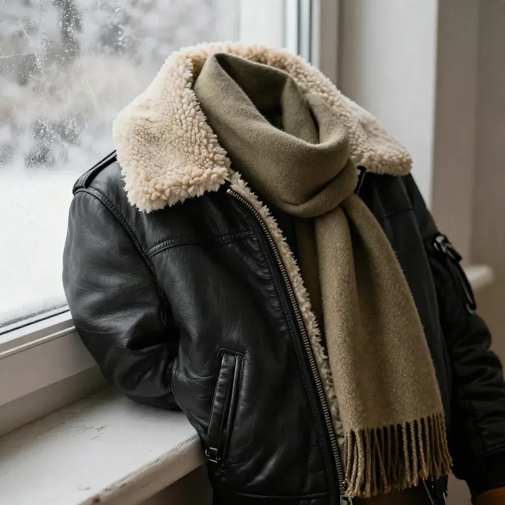 Gros plan d’un blouson aviateur près d’une fenêtre givrée, avec écharpe et boots.