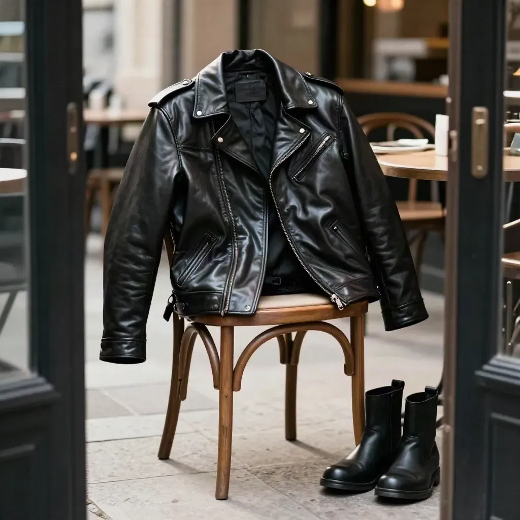 Blouson en cuir noir sur chaise de café, casque discret et boots fines, vu très bas.