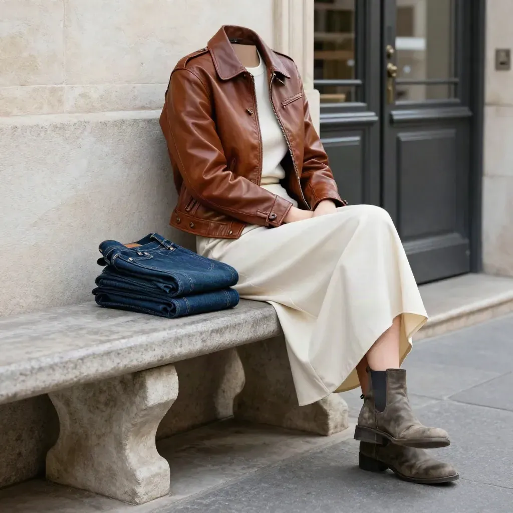 Veste en cuir cognac, jean, robe et boots posés sur un banc près d’un mur de pierre.