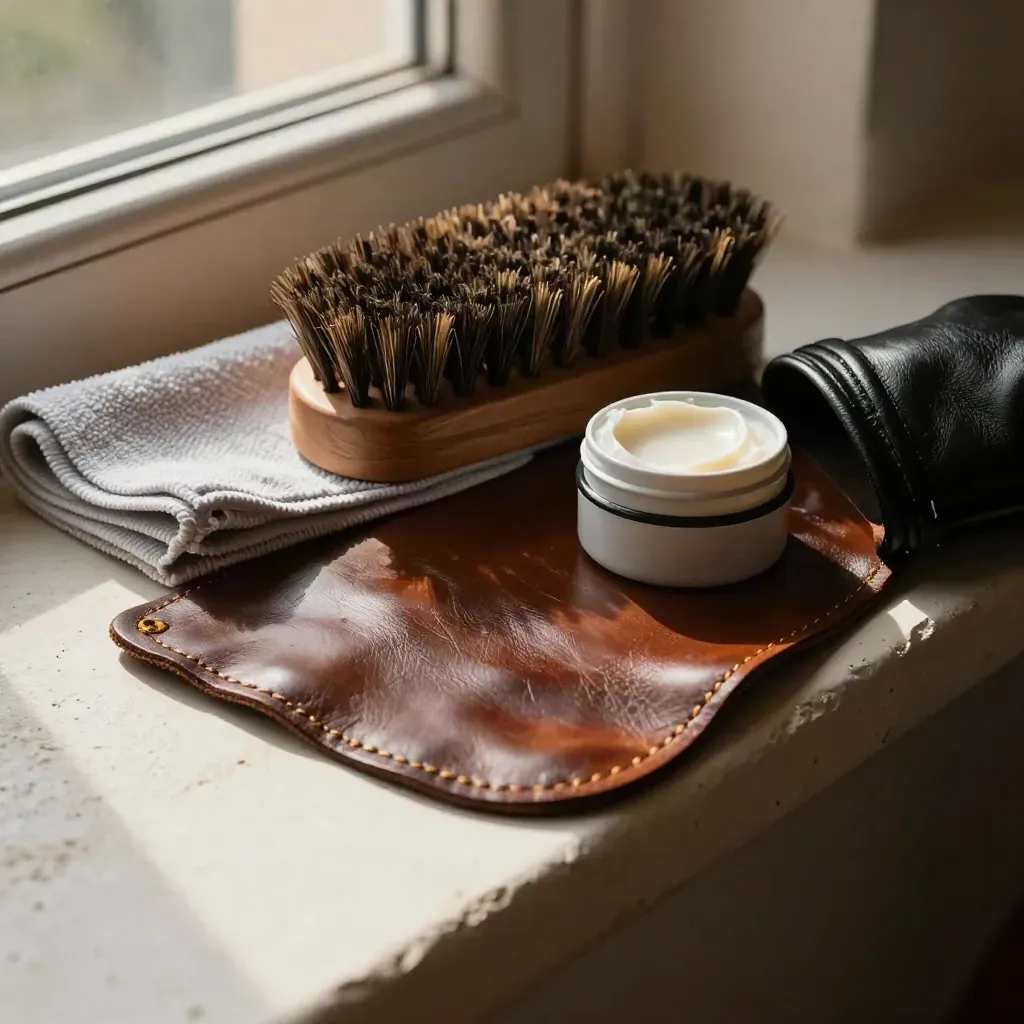 Gros plan d’une brosse, d’un chiffon et d’une crème d’entretien pour cuir sur un rebord en plâtre.