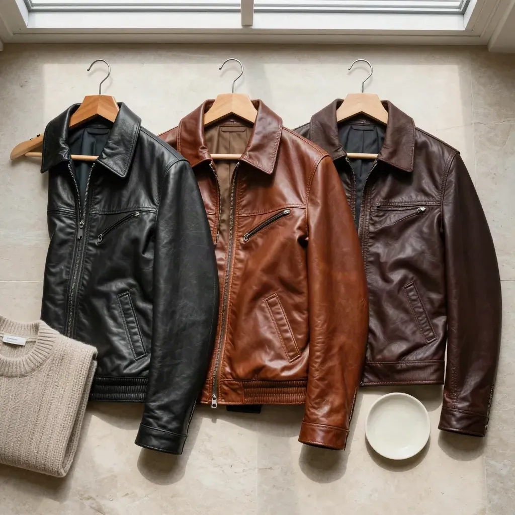 Flatlay de trois épaules de blousons cuir avec pull plié et coupelle en céramique.