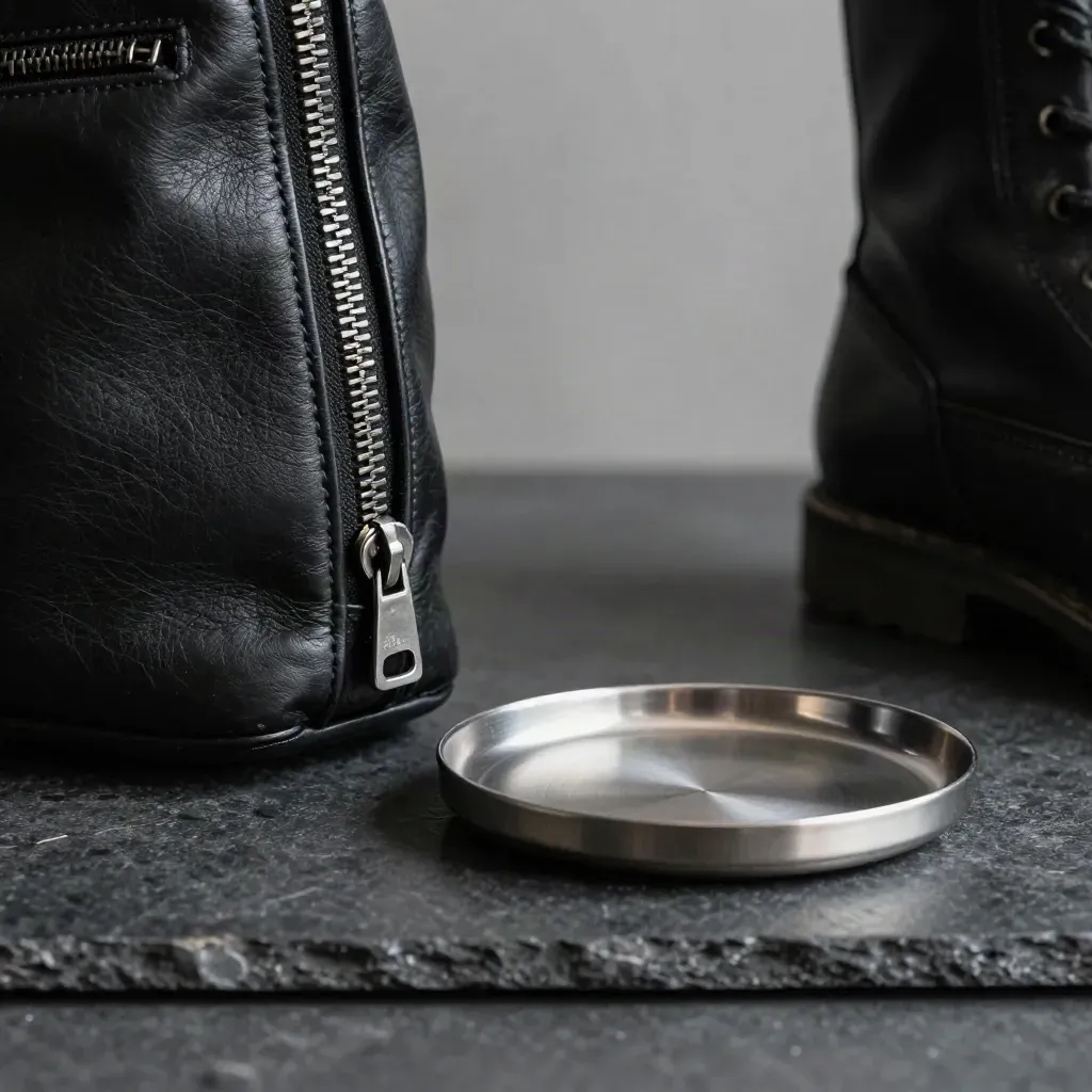Gros plan d’un cuir biker noir, zip métal, boots noires et plateau brossé sur pierre sombre.