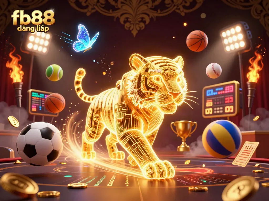Experience fb88 đăng nhập with a vibrant 3D digital casino featuring a golden tiger and sports elements.