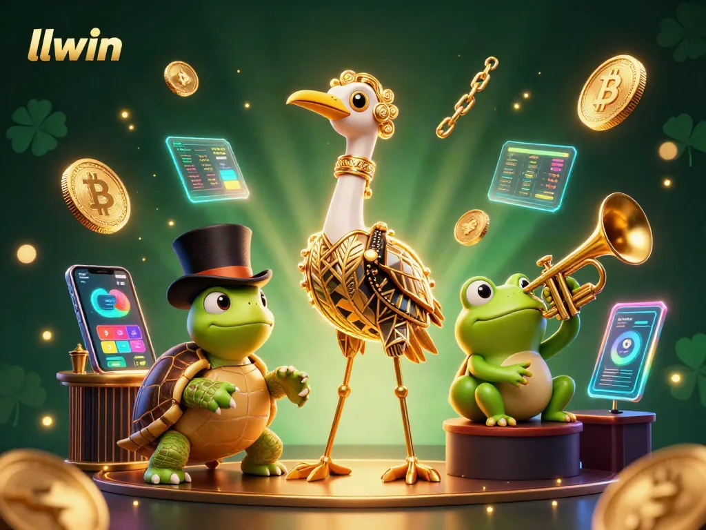 Win big at LLWIN with an engaging illustration of a fun casino scene filled with unique characters and vibrant elements.